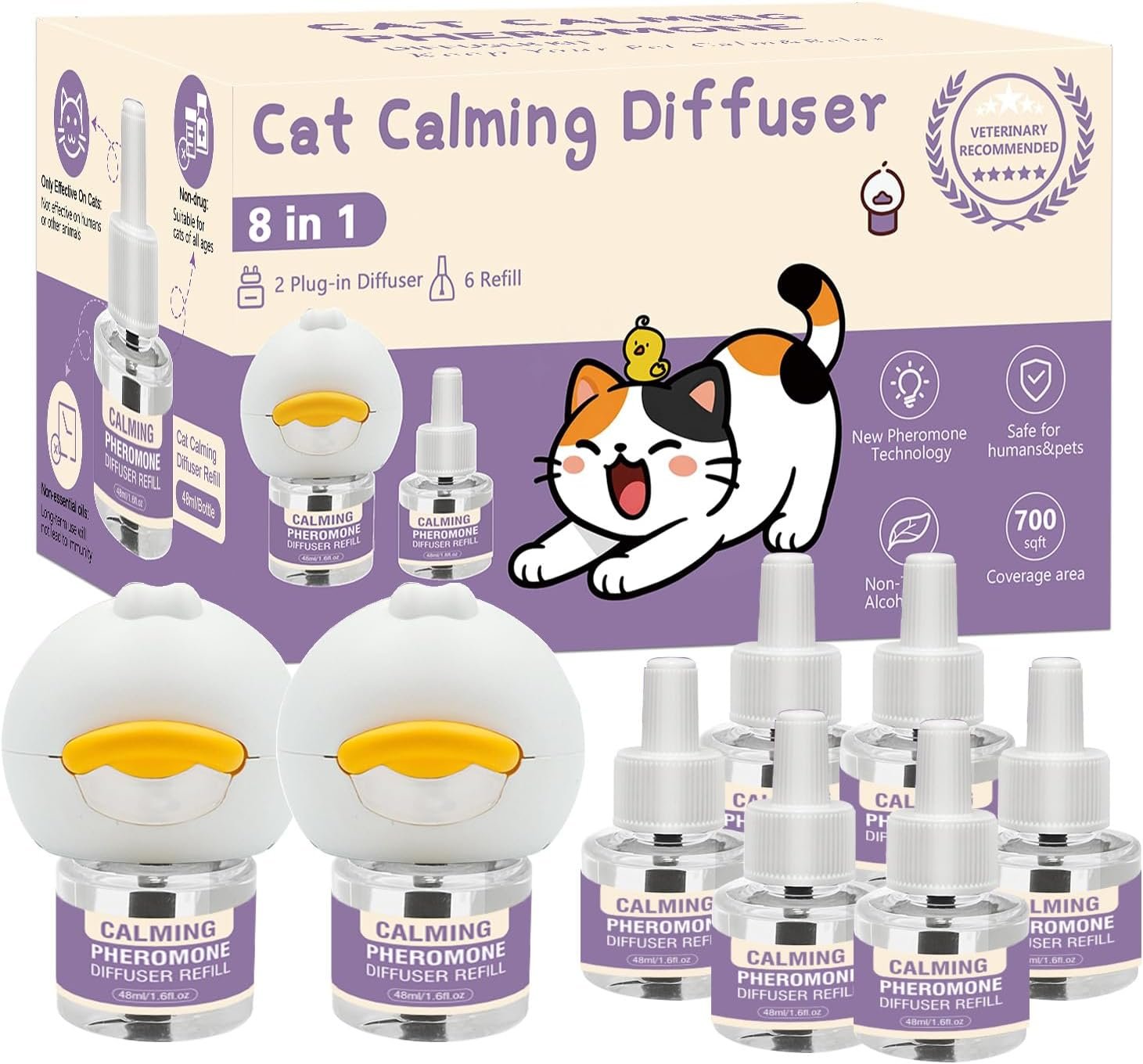Cat Pheromone Calming Diffuser 8 in 1 Appeasing Pet Pheromones Diffuser to Calm Kit Effectively Relieve Anxiety Stress (2 Plug in+ 6 Pack 48ml Refill) for Anxiety