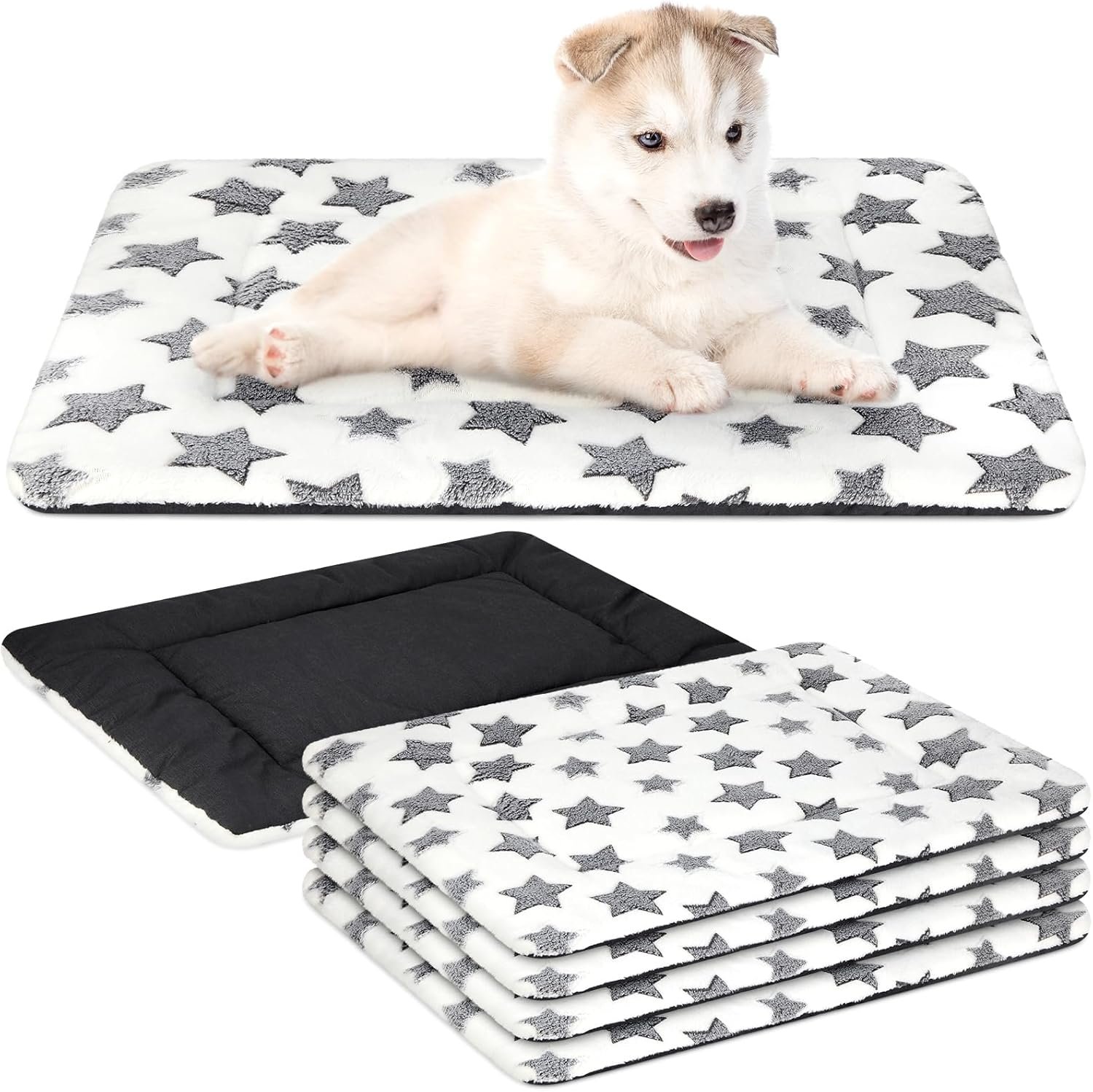 VitalCozy 4 Pcs Dog Crate Pads, Ultra Soft Warm Washable Anti-Slip Kennel Bed Mat for Pets, Reversible, Replaceable, Cage Liner for Small Medium Large Dogs and Cats(18 x 24 x 1.6 Inch,Star,White)
