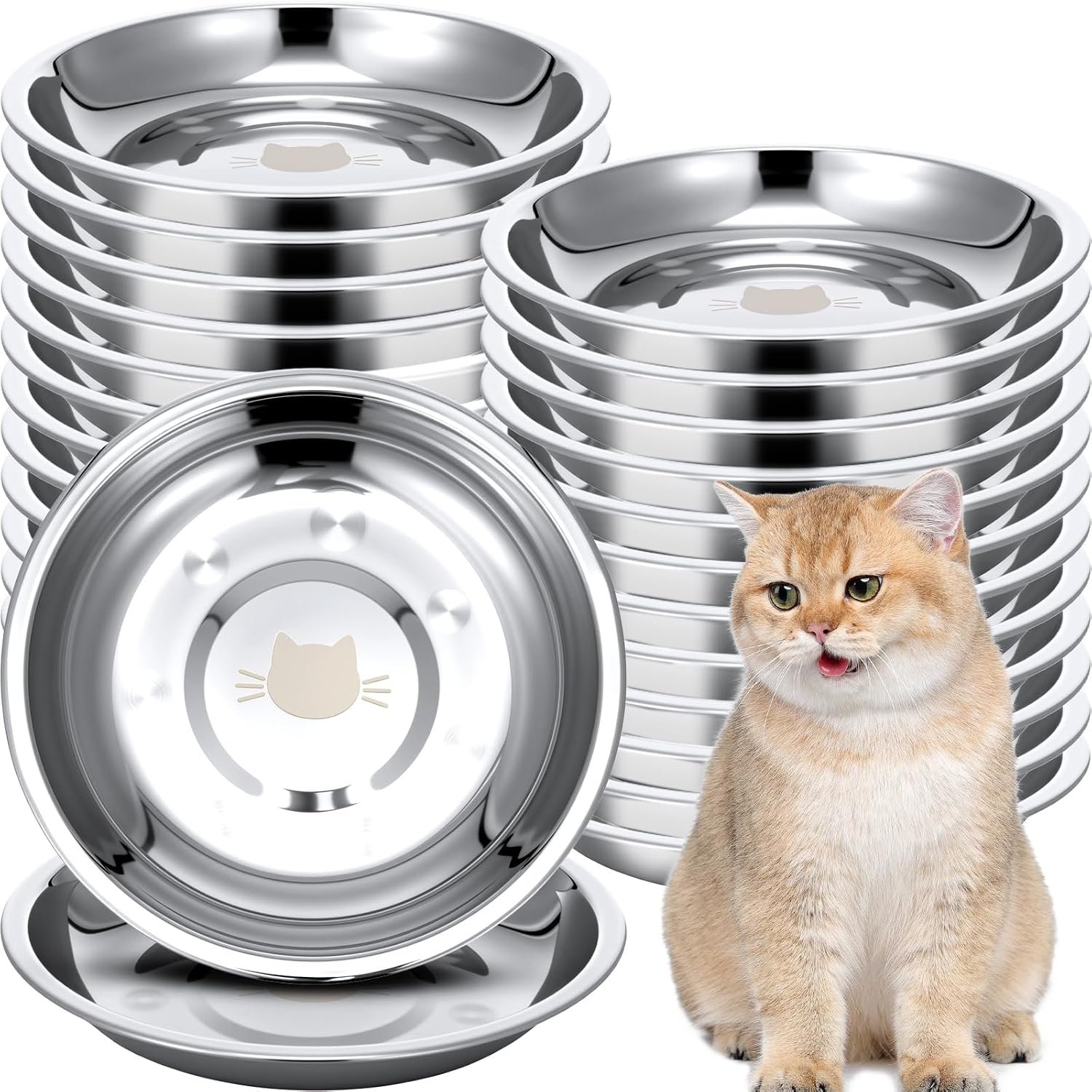 24 Pcs Stainless Steel Cat Bowls, 6.3 Inch Shallow and Wide Cat Food Dish Beard Fatigue Relief Replacement Metal Feed Pet Food Plates for Indoor Cats Kitten Puppy