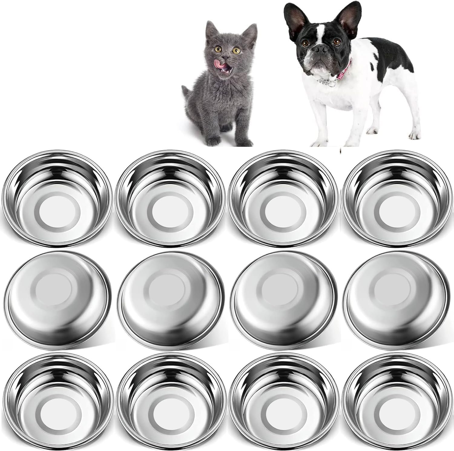 12 PCS Thickened Stainless Steel Cat Bowls, 5.5 Inch Shallow Wide Flat Metal Kitten Food Bowls, Whisker Friendly Fatigue Relief Replacement Basic Pet Dishes for Indoor Cats