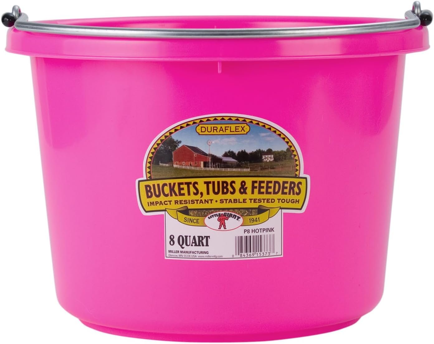 P8HOTPINK Plastic Round Back Bucket for Horses, 8-Quart, Hot Pink