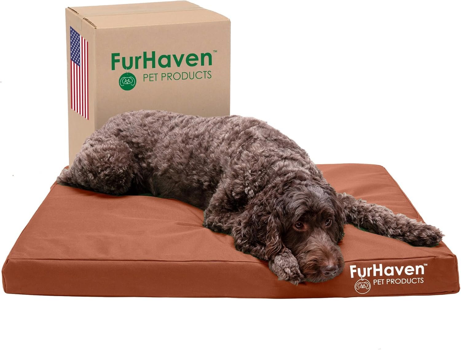 Furhaven Water-Resistant Orthopedic Dog Bed for Large/Medium Dogs w/ Removable Washable Cover, For Dogs Up to 55 lbs – Indoor/Outdoor Logo Print Oxford Polycanvas Mattress – Chestnut, Large