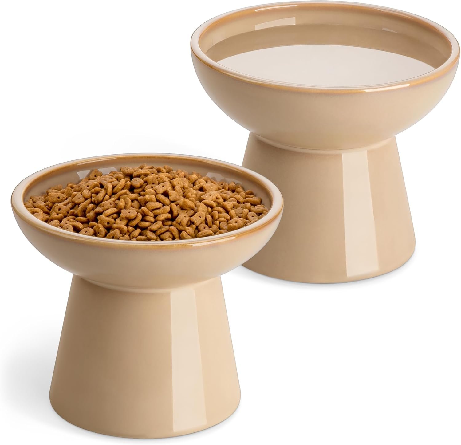 vancasso Ceramic Elevated Cat Bowls 2-Pack – 6.2″ Extra Wide Raised Cat Food & Water Dishes, 5.1″ Optimal Height Anti-Whisker Fatigue Shallow Bowls for Cats/Kittens/Dogs, Lead & Cadmium Free (Brown)