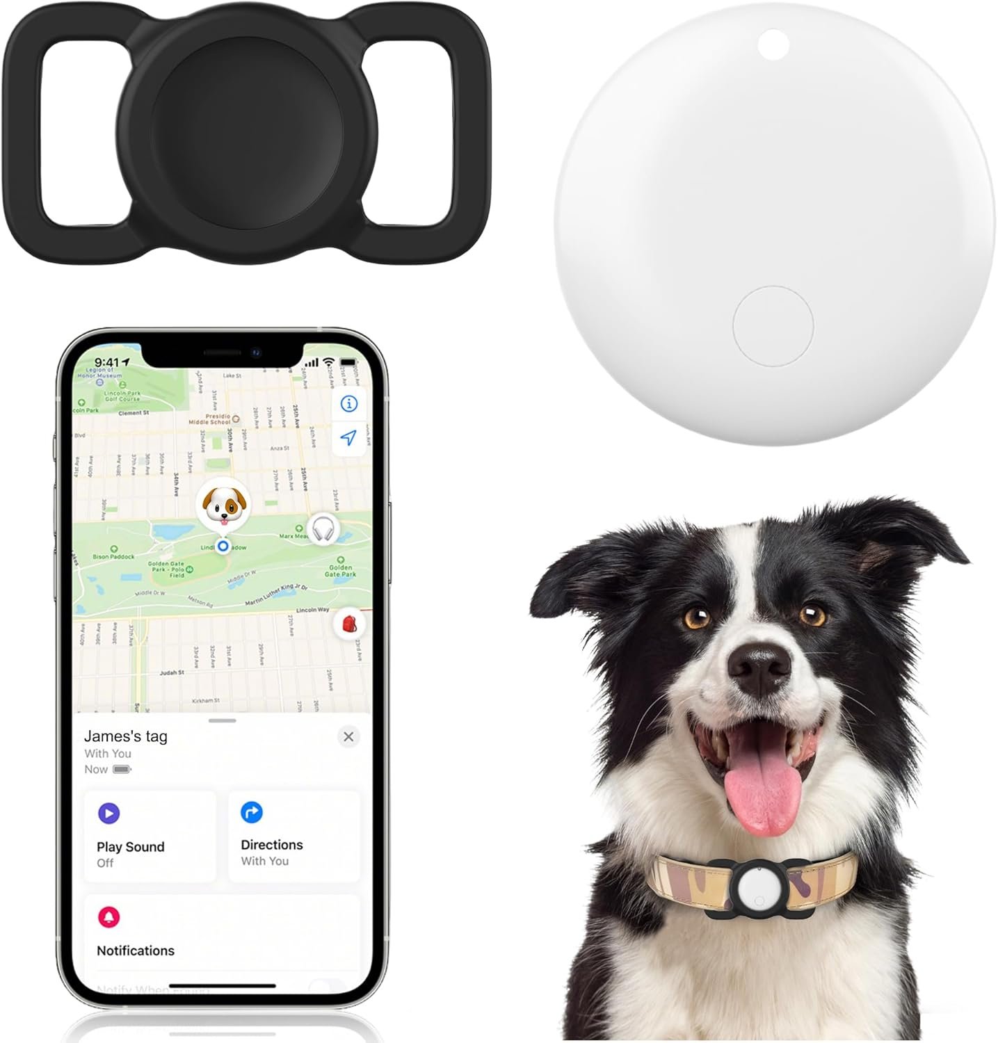 Pet Tracker Compatible with Apple Find My (iOS ONLY), No Monthly Fee Dog Tracker with Silicone Case, Waterproof Smart GPS Tracker for Dogs Cats, White
