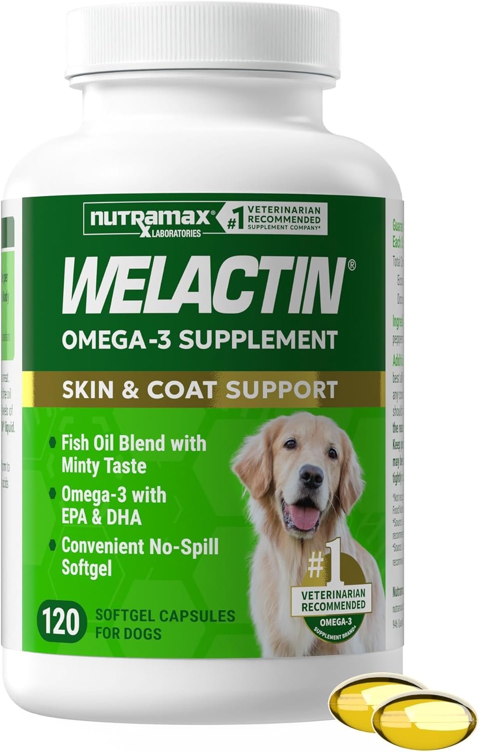 Nutramax Welactin Canine Softgels, Omega 3 Supplement for Dogs, Softgels, 120 Count