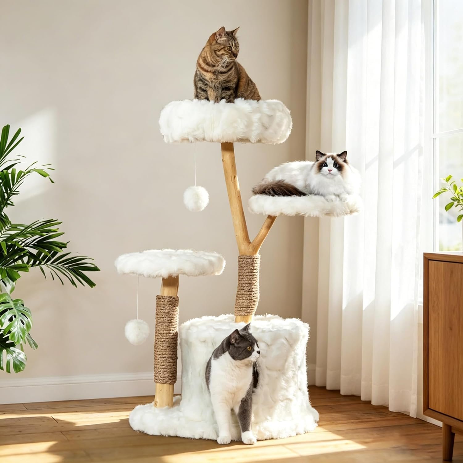 COZIWOW Modern Cat Tree Tower, Cloud Cat Tree with Solid Natural Wood Scratching Post, Luxury Condo & Perches, Aesthetic White Cat Furniture for Indoor Large Cats, 34″ L X 17.7″ W X 41.7″ H