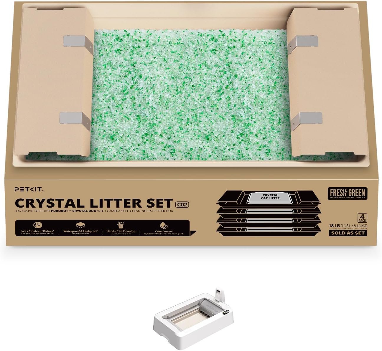 PETKIT Crystal Cat Litter with Tray, Suitable for Purobot Crystal Duo Automatic Litter Box, Dust-Free Mess-Free No Refilling, Odor Control (Green-Botanical Freshness,4.5 lb×4 Packs)