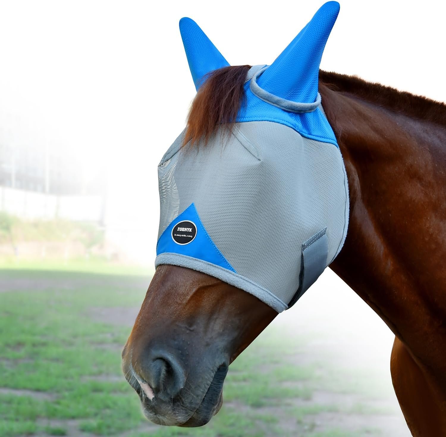 Horse Fly Mask, Adjustable Fly Masks for Horses with Ears, Breathable and 70% UV Protection, Comfort Mesh Without Nose Cover, Horses Accessories (Grey, Blue, Large)
