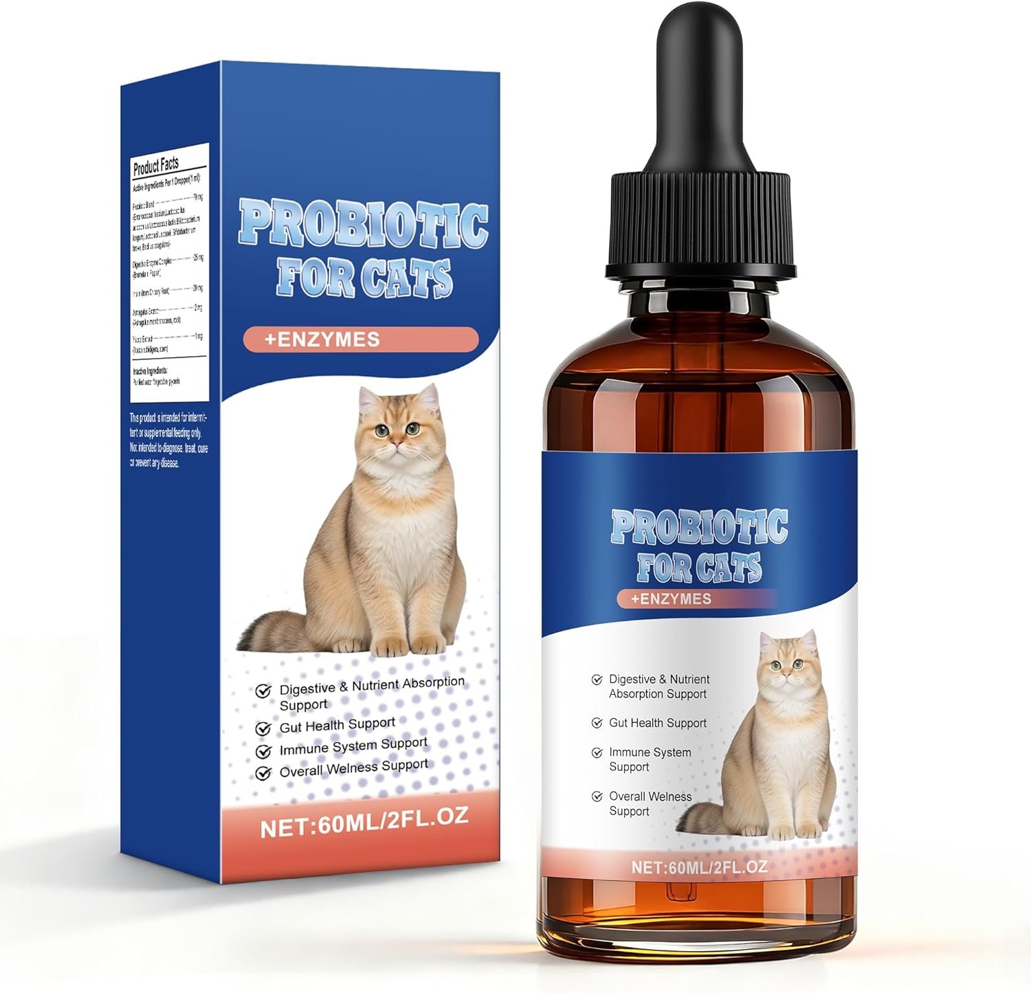 Cat Probiotics for Digestive Support – 60ml Probiotic for Cats with Digestive Enzymes & Prebiotics Supports Gut Health, Immune System