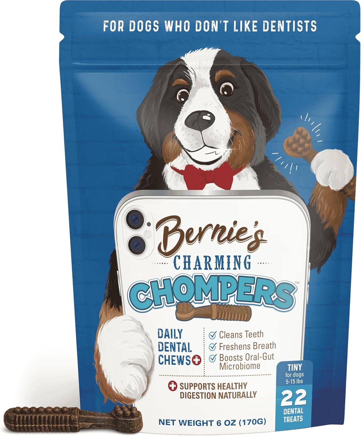 Bernie’s Charming Chompers – Daily Dental Chews for Dogs 5-15 Lbs. – 22 Count – Cleans Teeth, Freshens Breath, + Boosts Oral-Gut Microbiome. Easy to Digest, Supports Healthy Digestion Naturally