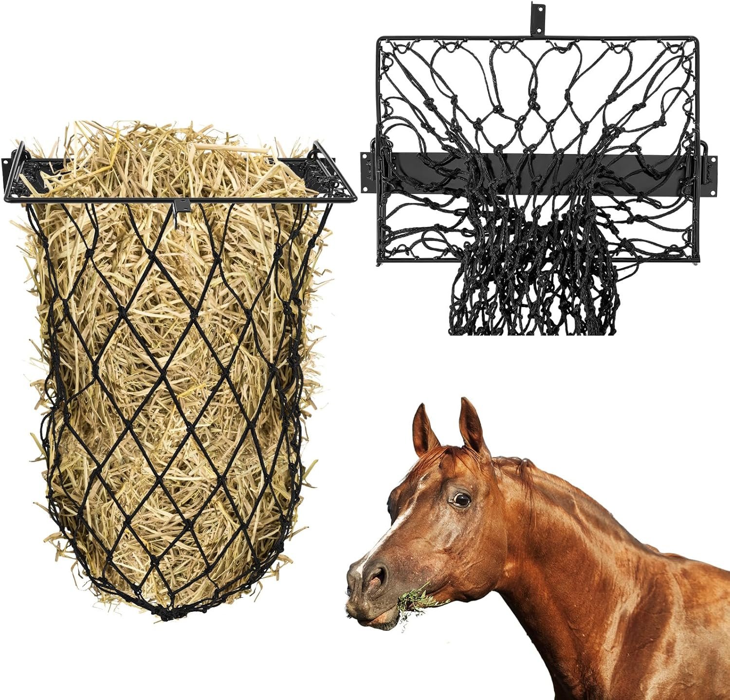 Yaocom 2 Set Black Wall Mount Hay Feeder for Horses Goats Heavy Duty Hay Rack with Net Slow Feeder Wall Mounted for Stall Barn, Easy to Install and Save Hays (Square)