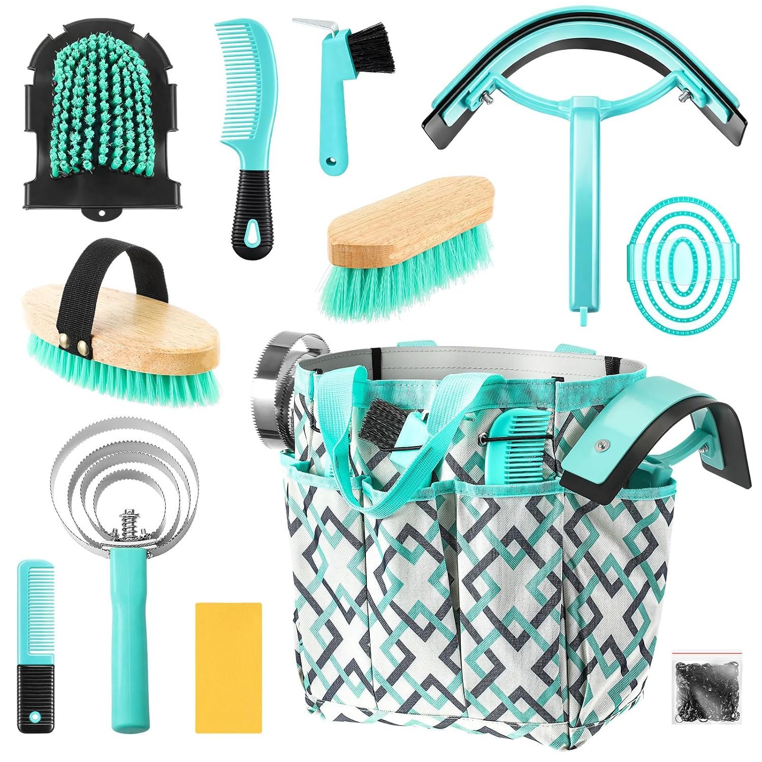Abbylike 12 Piece Horse Grooming Kit with Organizer Tote Bag Brush Sets for Derby Day Show Horses Professional Tools for Care & Massage(Mint Green and Grey)