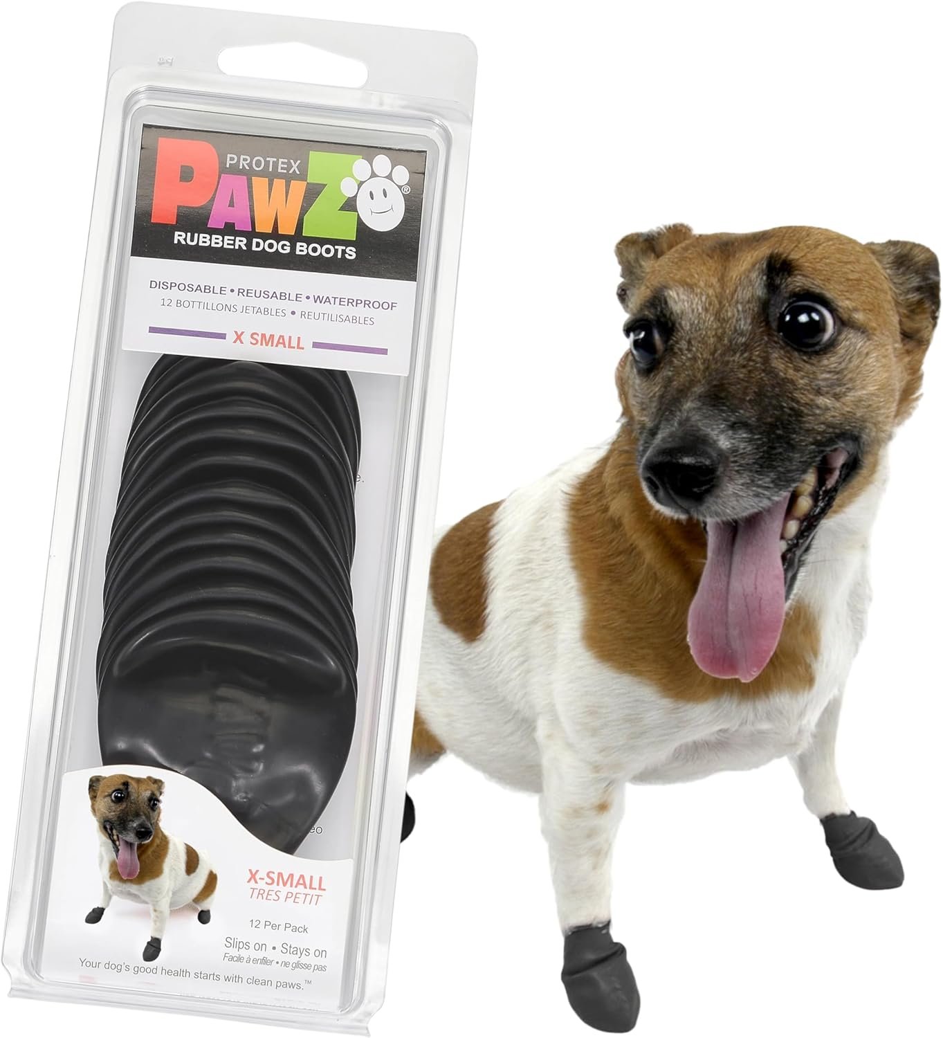 PawZ Rubber Dog Boots for Small Paws – All-Weather Waterproof Dog Shoes, Anti-Slip Traction for Rain, Snow, Mud & Hot Pavement – Pull-On Dog Booties, Black – X-Small (1.5″-2″) – Pack of 12