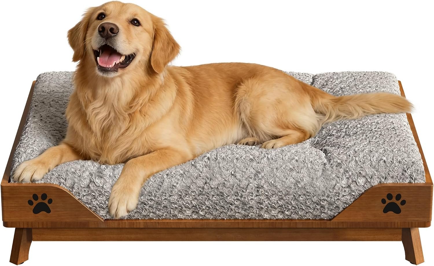 Elevated Solid Wood Large Dog Bed – Brown Pet Bed Frame with Soft Cushion Washable, Mid-Century Modern Raised Dog Sofa Bed for Medium&Large Pets up to 150lbs,36.6” x 24.8” Durable Pet Furniture