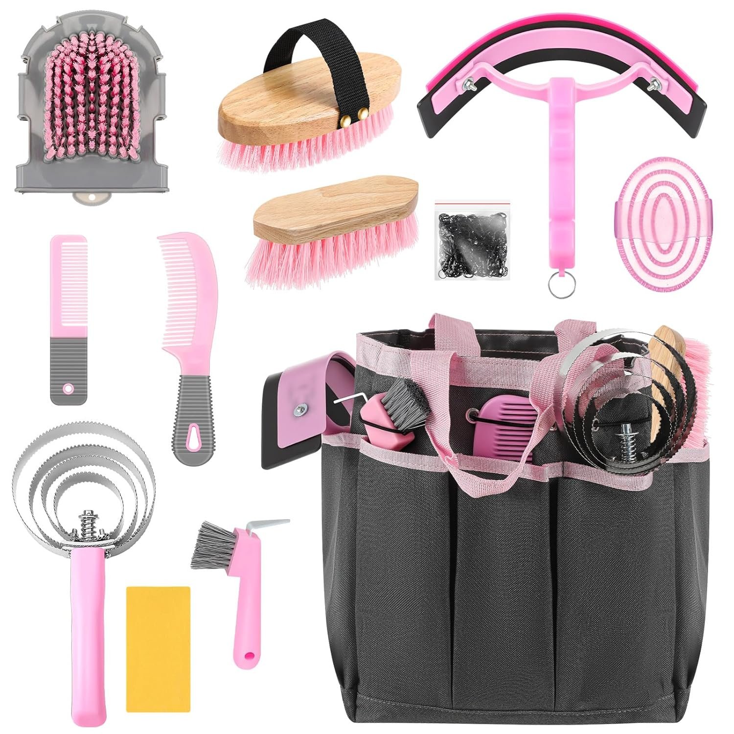 Abbylike 12 Piece Horse Grooming Kit with Organizer Tote Bag Brush Sets for Derby Day Show Horses Professional Tools for Care & Massage(Pink and Grey)