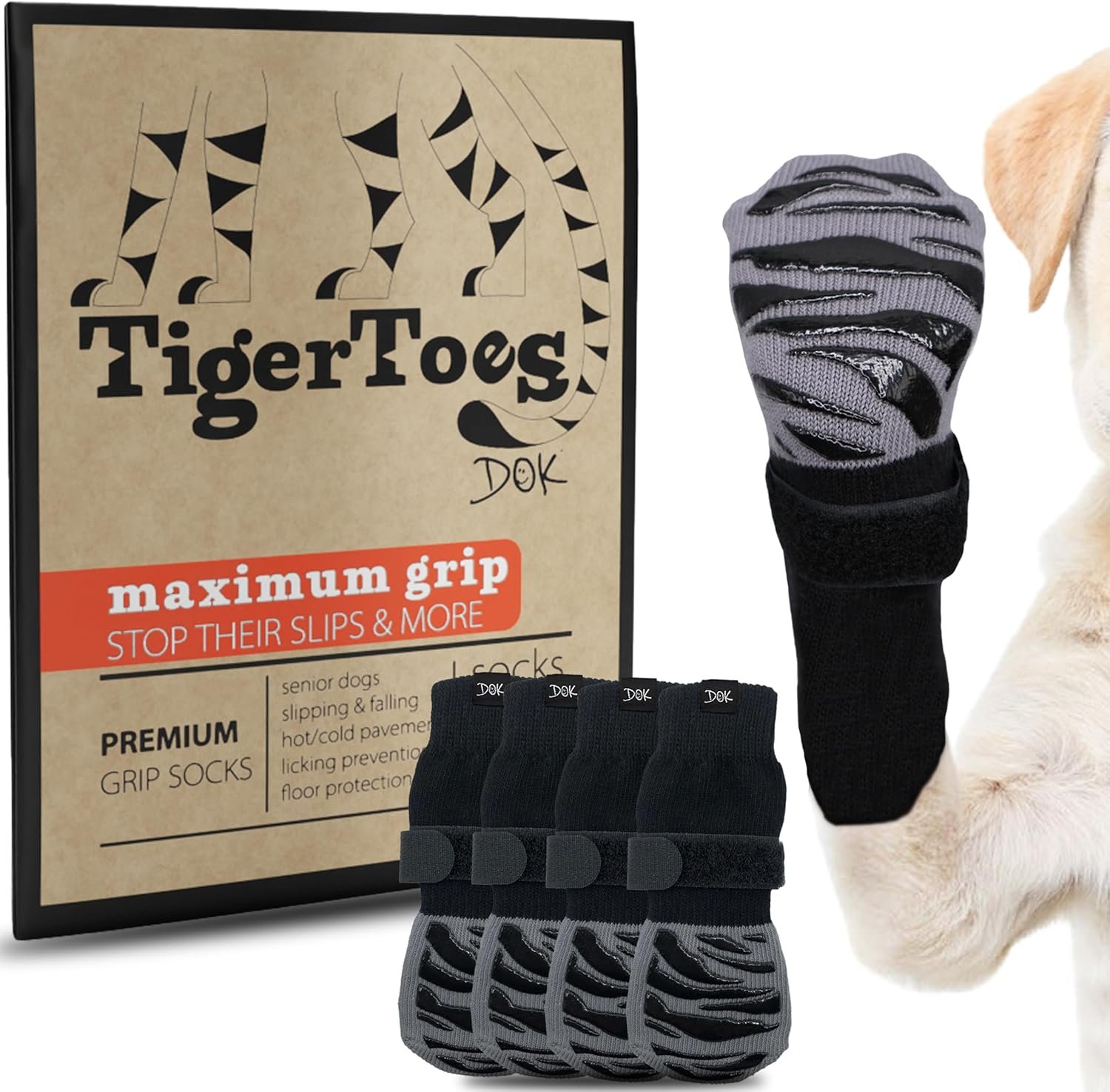 DOK TigerToes Premium Non-Slip Dog Socks for Hardwood Floors – Extra-Thick Grip that Works Even When Twisted – Prevents Licking, Slipping, and Great for Dog Paw Protection – Size Large