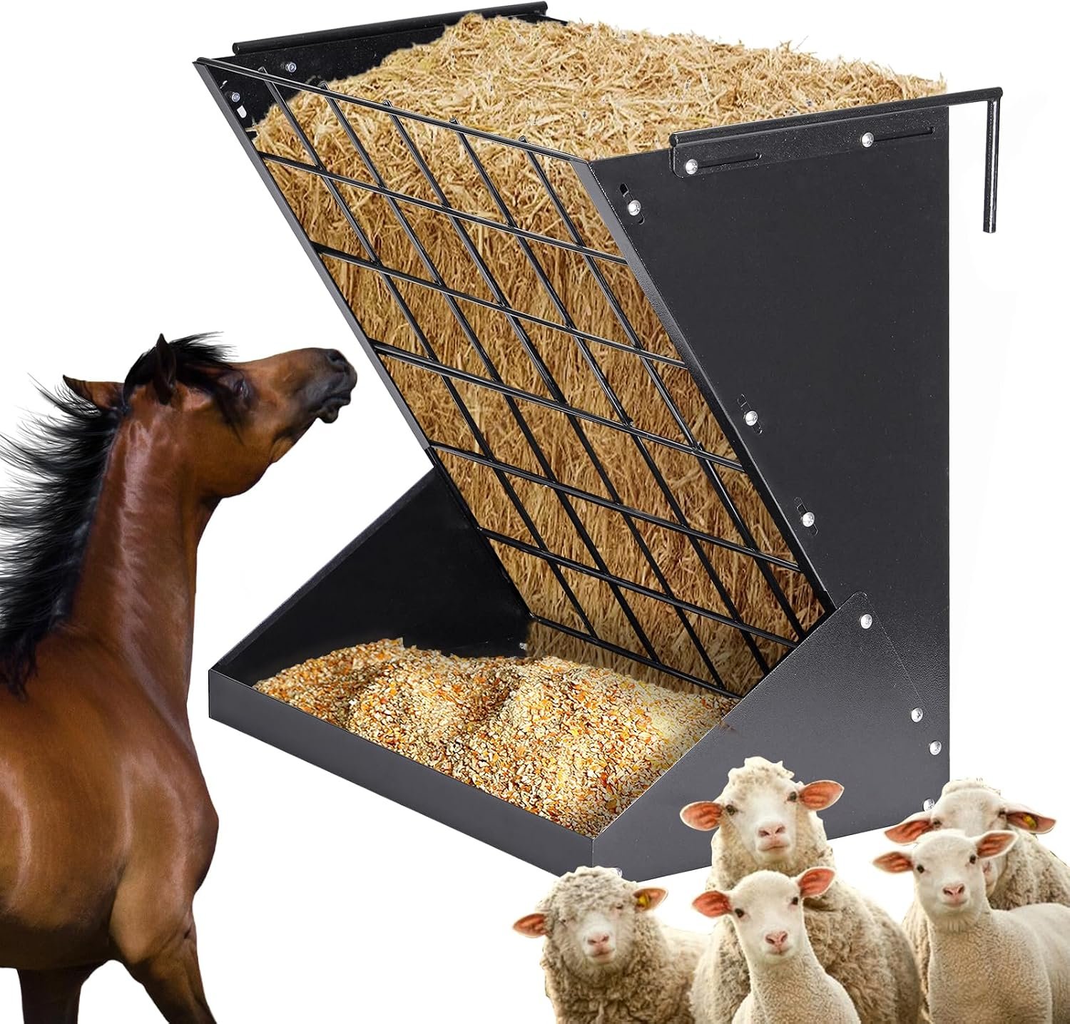 Hay Feeder for Goats 25 Gallon Horse Hay Rack Wall Mount 2 in 1 Hay and Grain Feeder Metal Livestock Mineral Feeders for Sheep Nigerian Dwarf Goats, Hanging, Adjustable