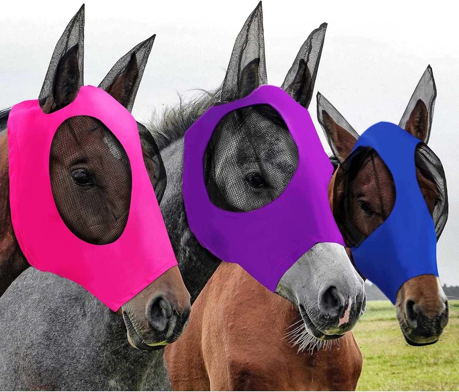 Weewooday 3 Pcs Horse Fly Mask with Ears UV Protection Full Face Fly Masks for Horses Elastic Smooth Breathable Comfortable Fit for All-Day(L,Purple, Blue, Pink)