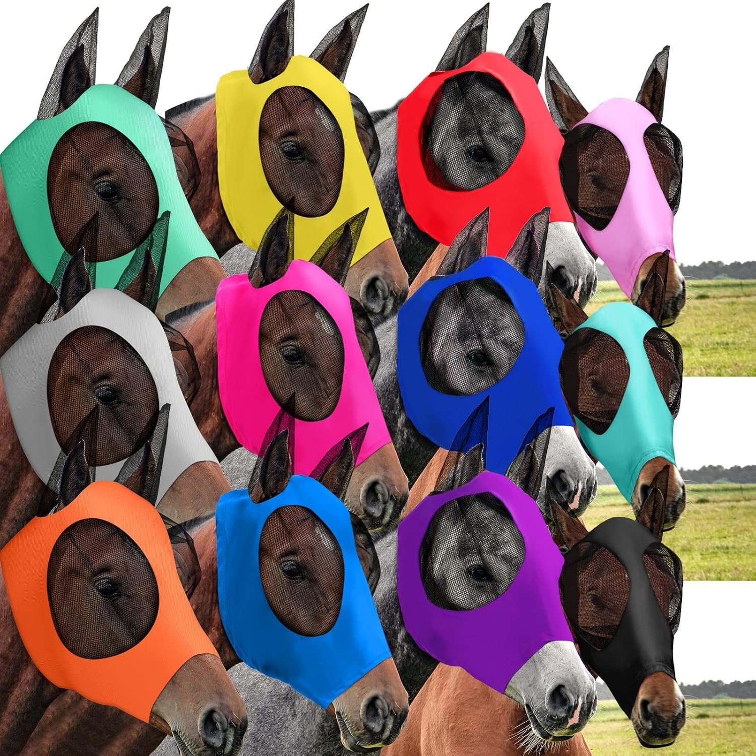 Sanwuta 12 Pcs Horse Fly Masks with Ears, Breathable Mesh UV Protection Horse Face Masks, Soft Elastic Comfortable Fit for Riding Outdoor Summer Supplies Bulk (Medium)