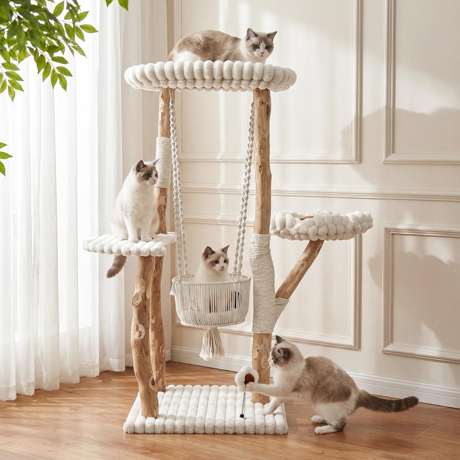 Solid Wood Cat Tree with Scratching Posts, 52 Inch Tall Cat Tower with Swinging Basket Hammock, Washable Cushion, Dangling Toy, Wood Climbing Cat Tree for Indoor Multi-Cats, Easy Assembly