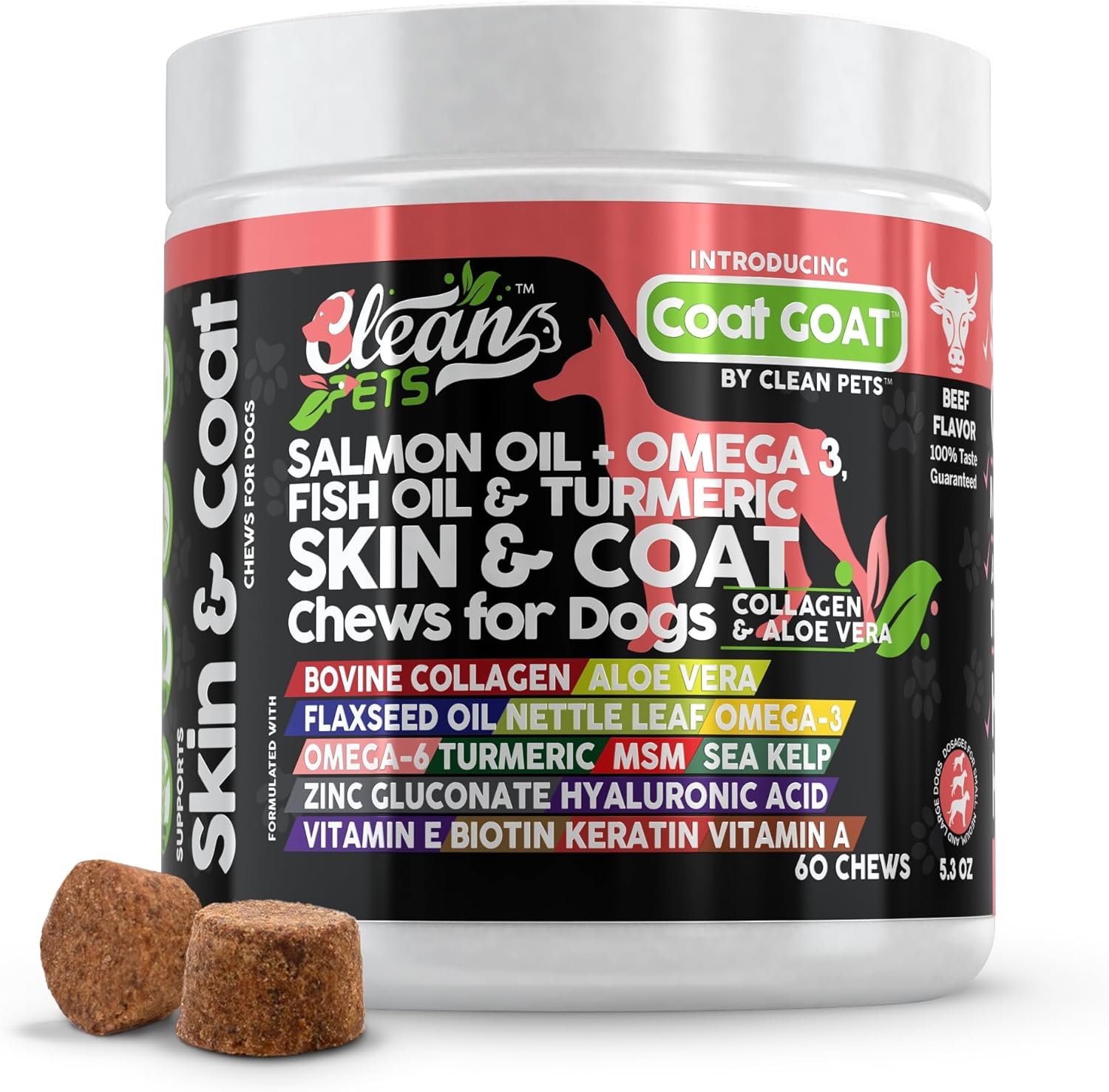 Clean Pets Salmon Oil Omega 3 Fish Oil for Dogs Skin and Coat Supplement | Dog Collagen Aloe Vera Biotin Keratin Flaxseed Nettle Leaf Sea Kelp Hyaluronic Acid Brewers Yeast Vitamin A – Coat Goat