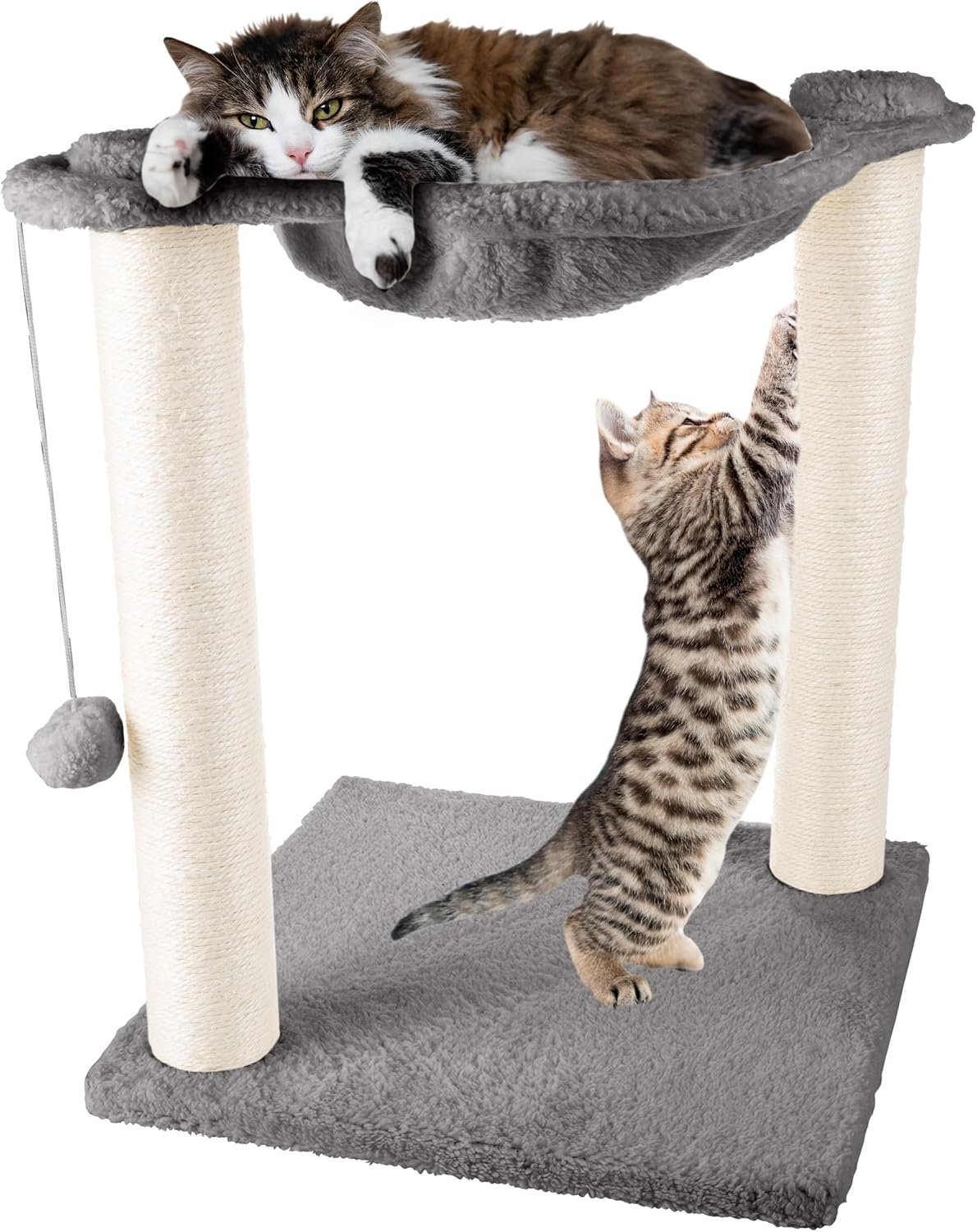 Cat Hammock with Scratching Posts for Indoor Cats – 19-Inch-Tall Cat Tree with Hanging Ball Toy for Adult Cats and Kittens by PETMAKER (Gray)