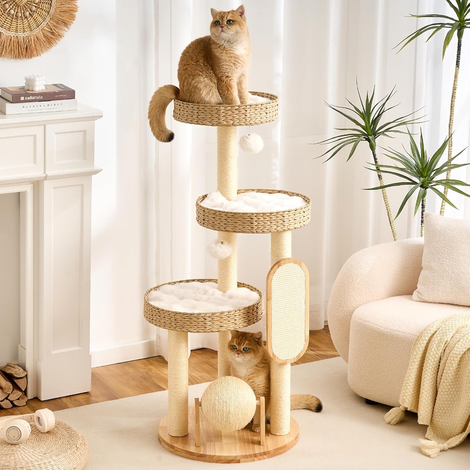 797Audio Wood Modern Cat Tree for Large Cat, 47″ Cat Tower with Scratching Posts, Scratch Ball, Cat Beds, Aesthetic Multi-Level Cat Climbing Tree with Hand-Woven Wicker Rattan for Indoor Cats