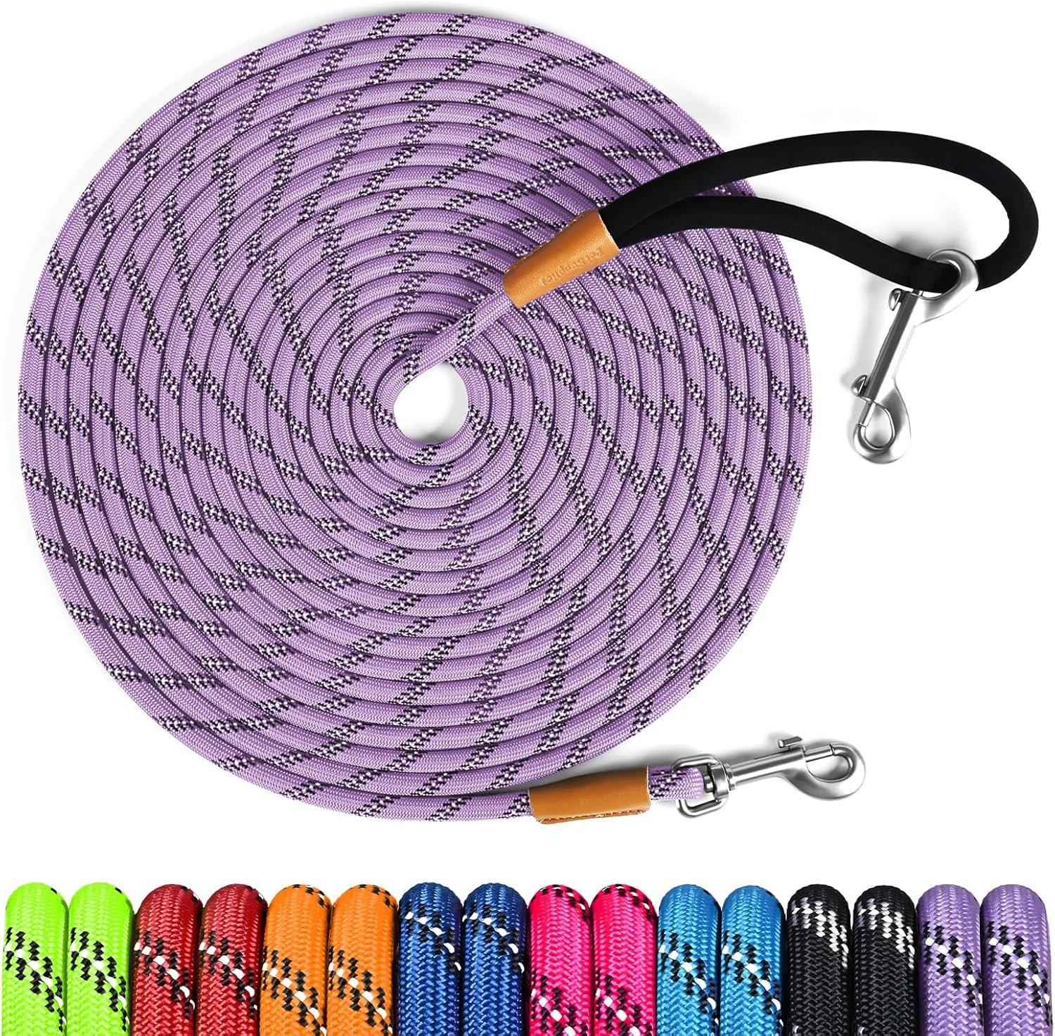 lynxking Long Dog Leash Reflective 15ft 30ft 50ft Check Cord Training Lead Padded Handle Heavy Duty Rope for Puppy Small Medium Large Dogs (Light Purple, 30ft x 3/8inch)