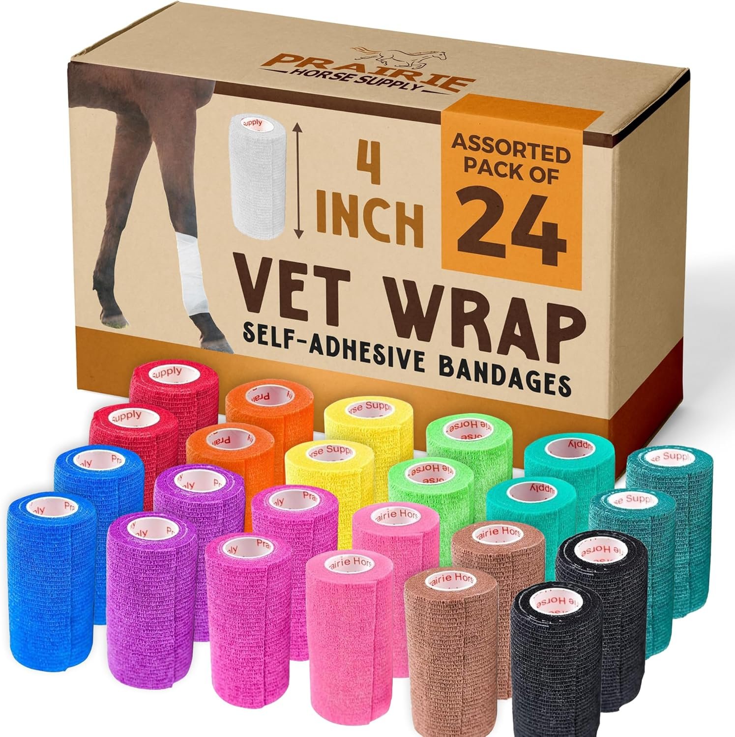 24 Pack Premium Vet Wrap – Self Adhesive Bandage Wrap & Athletic Tape – 4″ x 5 Yards Elastic & Self-Sticking Cohesive Bandage for Pets, Sports, Wrists & Ankles – Assorted by Prairie Horse Supply
