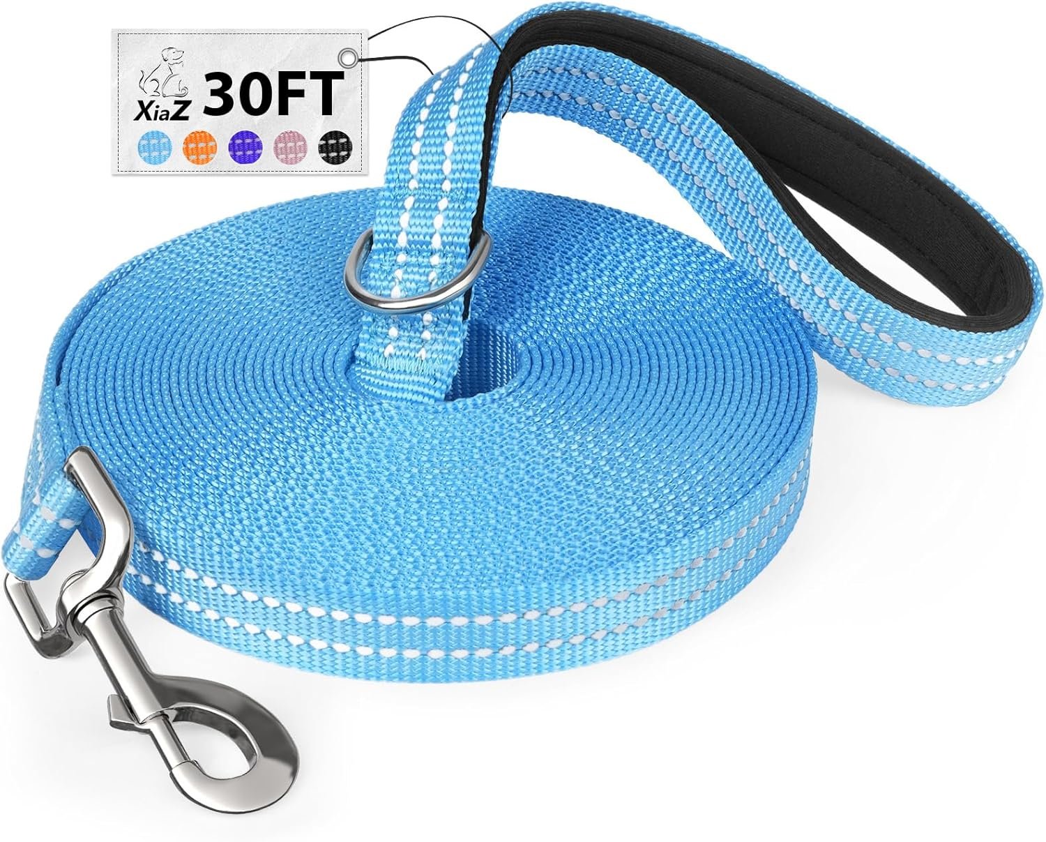 XIAZ Long Dog Leash Reflective Long Training Leashes 10 15 20 30 50 100FT | Comfortable Padded Handle,Omnidirectional Reflective Strips,D Ring for Hanging,Rotate Self-Locked Hooks,550LBS Bearing