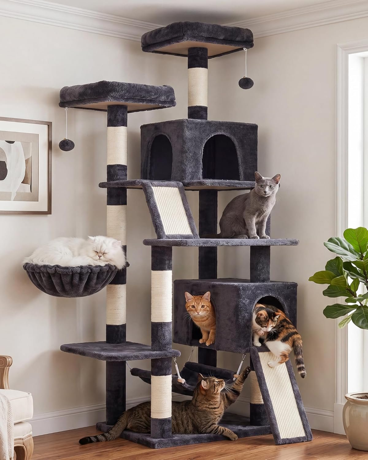 Gitelsnour Cat Tree for Indoor Cats, 71” (180cm) Multi-Level Cat Tower for Large Adult, Sturdy Cat Tree House with 2 Scratching Boards 7 Posts, 2 Plush Perches/Condos, Hammock, Smoky Gray GCT032G