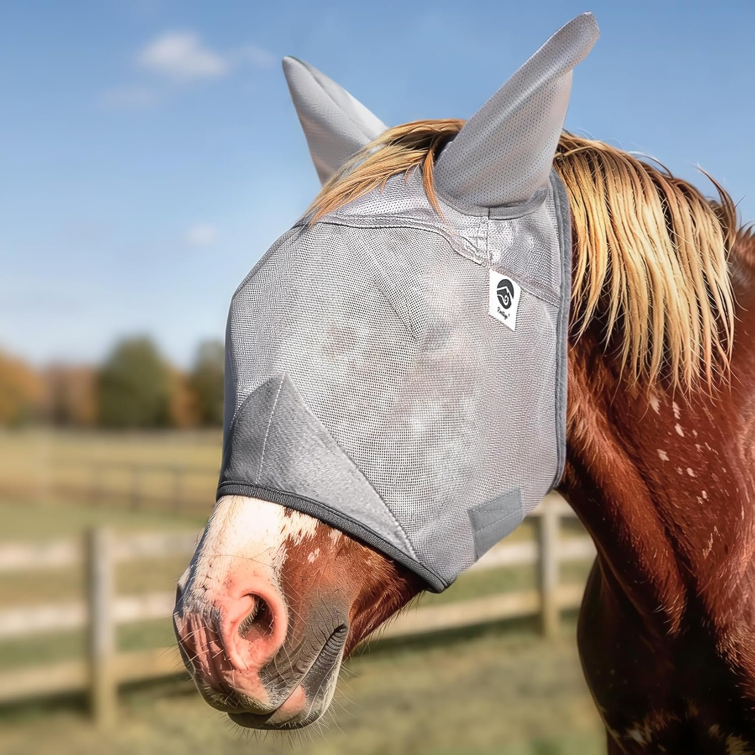 Raelitego Horse Fly Mask, Adjustable Fly Masks for Horses with Ears, UV Protection from Insect Pests Comfort Mesh Without Nose Average Size Horses Accessories(Large)