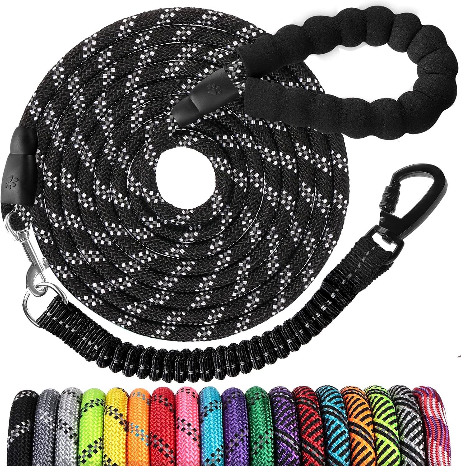Long Dog Leash 15 FT: Heavy Duty Rope Leashes for Dogs Training with Swivel Lockable Hook Reflective Threads Bungee and Padded Handle – Dog Lead for Large Small Medium Dogs Outside Walking Hiking