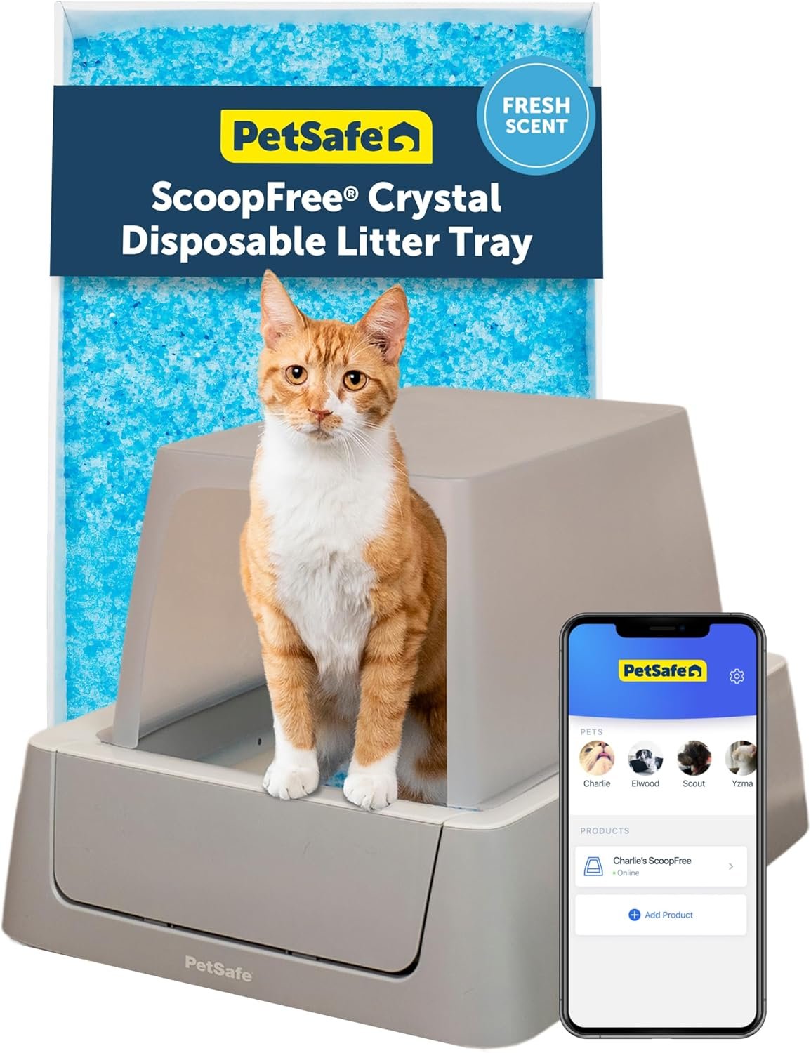 PetSafe ScoopFree Crystal Smart Self-Cleaning Automatic Litter Box – Front Entry – Covered Motion-Sensing Cat Box with Integrated Health Counter & App – Includes 1 Disposable Crystal Litter Tray