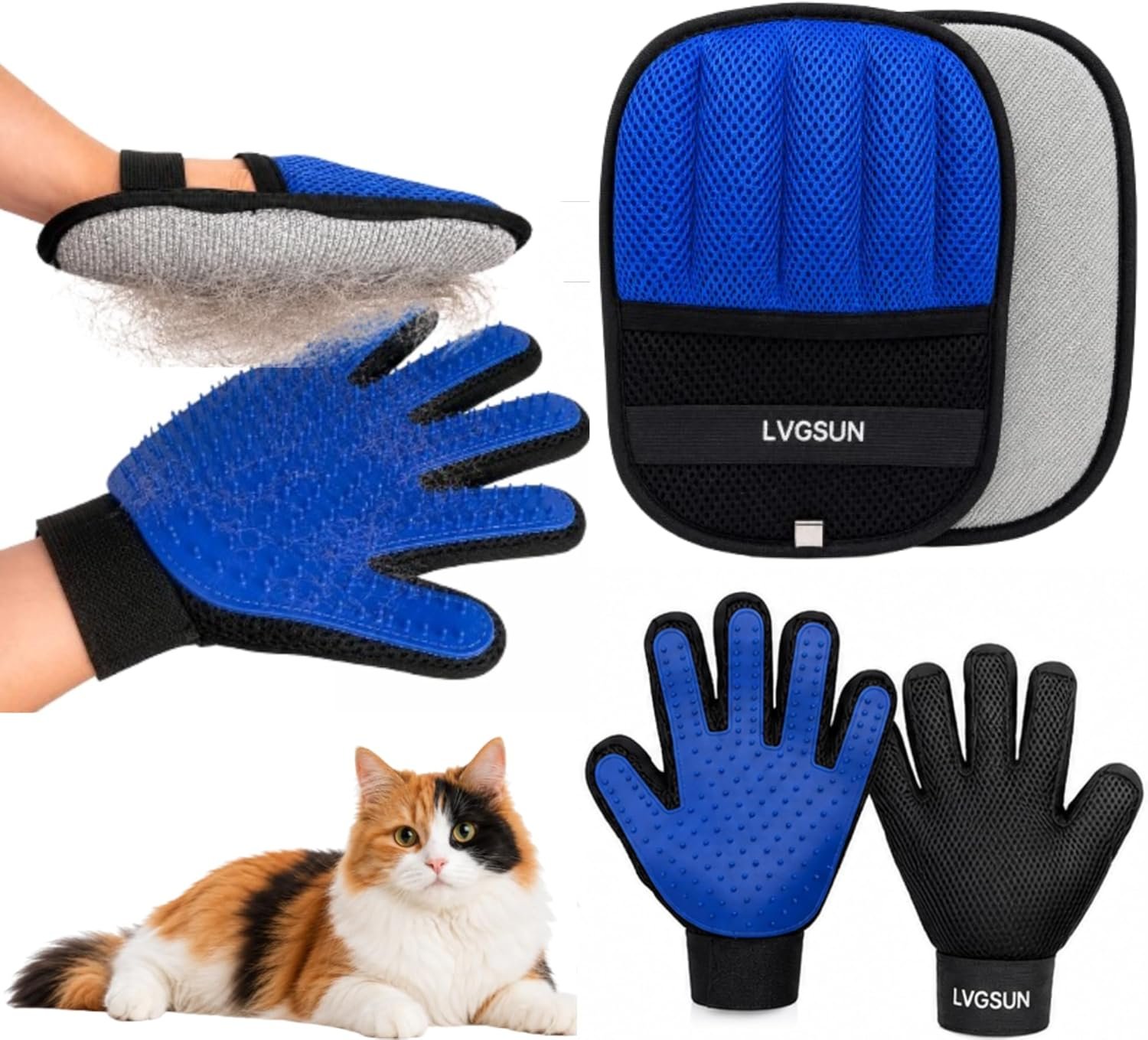 Cat Grooming Gloves for Shedding – Pet Hair Remover Set with Self-Cleaning Mitt – 2 Deshedding Gloves + 1 Reusable Cleaning Mitt for Cats & Dogs – Long & Short Hair Deshedder