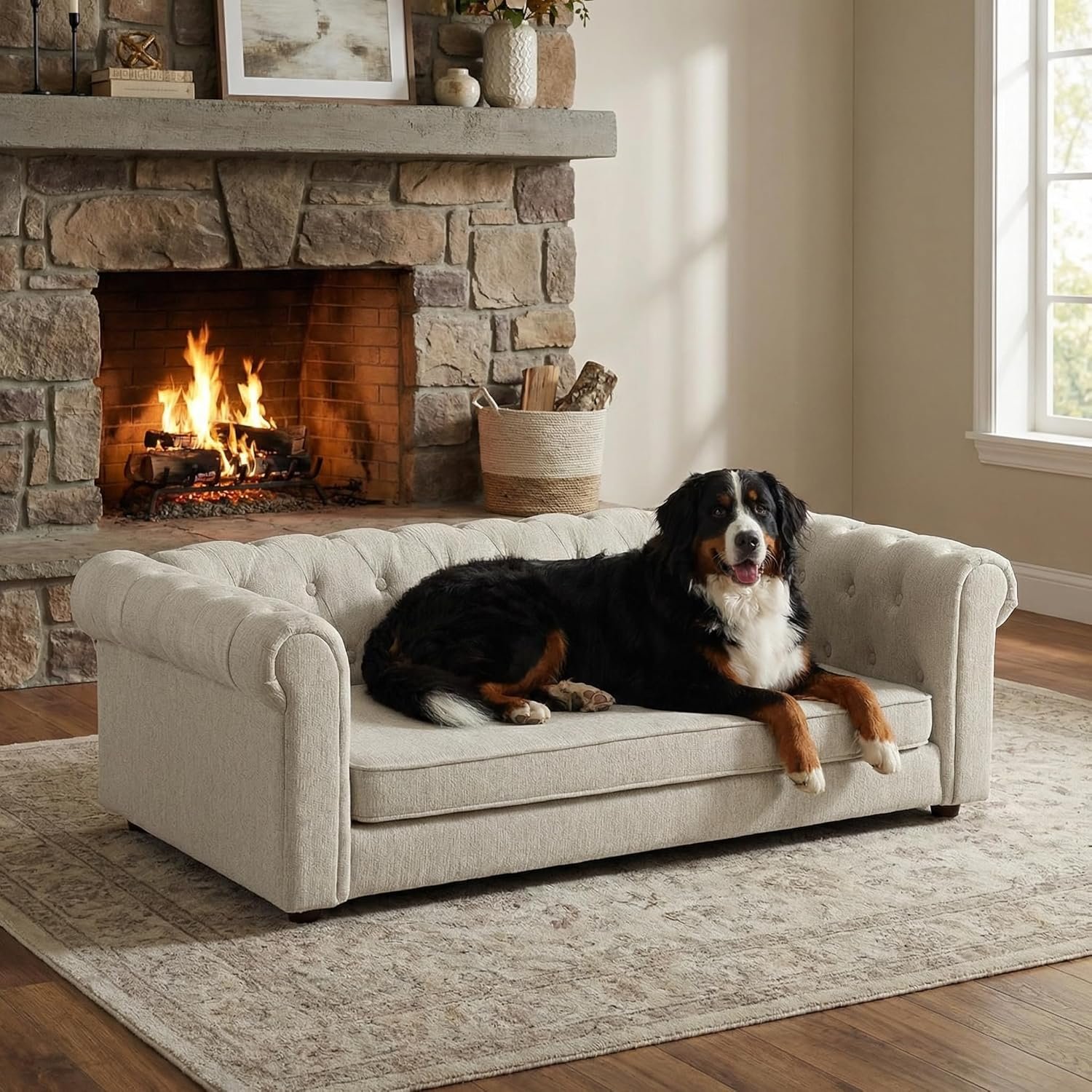 Elevated XL Large Dog Sofa with Backrest and Armrests, 55″ Button Tufted Dog Couch Bed with Soft Cushion for Large Dogs, Stylish Lounging Bed Pet Couch Chair, 120Lbs Weight Capacity, Beige