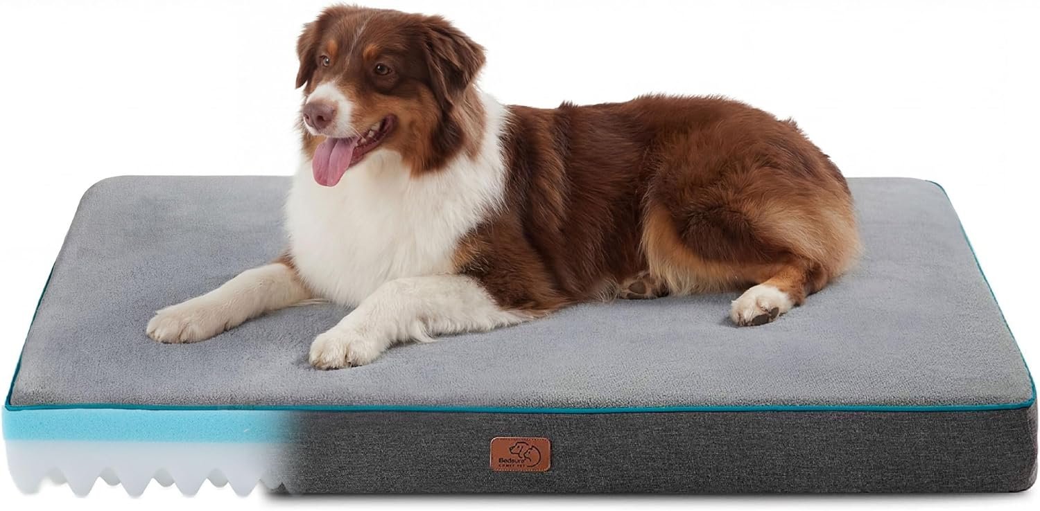 Bedsure Memory Foam Dog Beds Large Sized Dog – Orthopedic Pet Beds for Crate with Removable Washable Cover and Nonskid Bottom, Plush Flannel Fleece Top Pet Mat, Grey