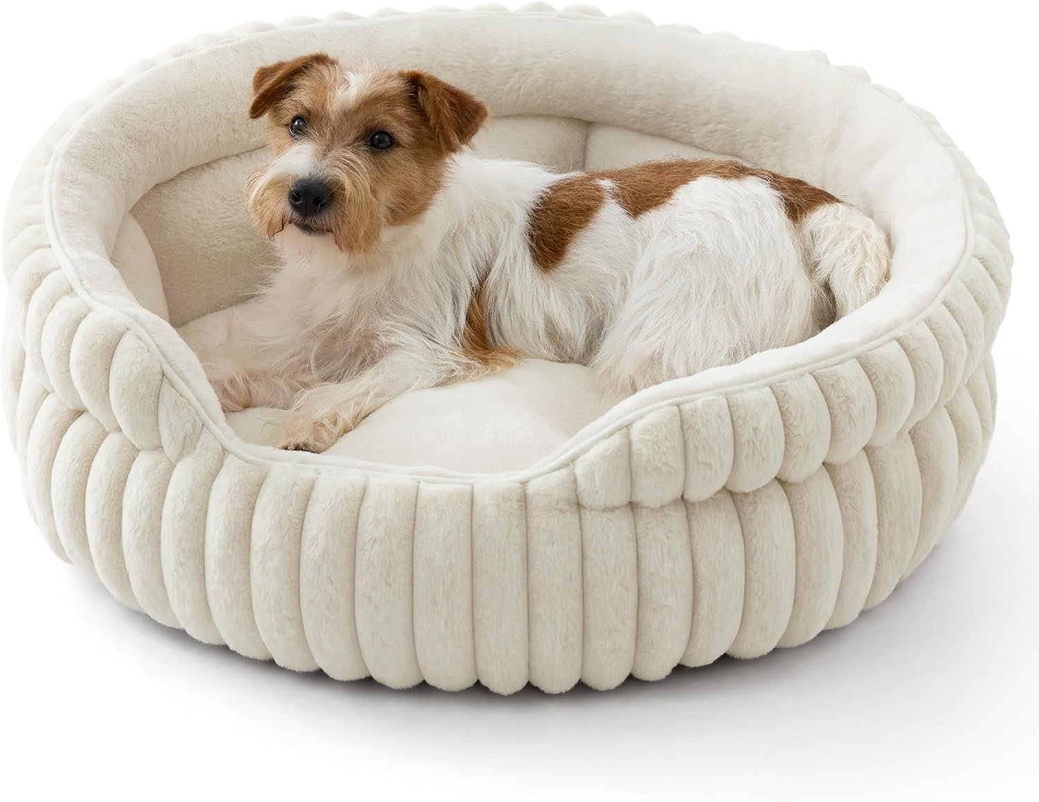 Bedsure ComfyFleece™ Medium Dog Bed, Washable Cute Pet Bed, Super Soft Corduroy Round Cat Bed with Anti-Slip Bottom, 26”x26”x9”, Cream