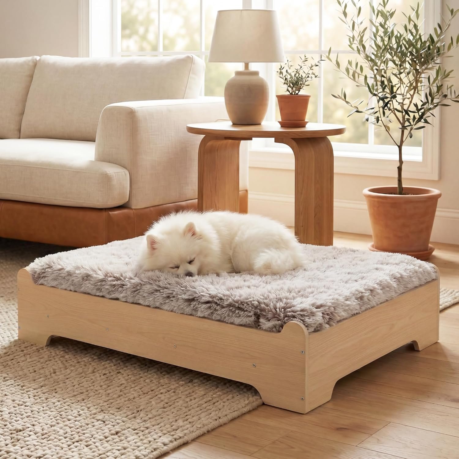 Elevated Wooden Dog Bed with Supportive Cushion & Washable Cover, Sturdy Noise-Free Frame, Modern Furniture-Style Design for Indoor Living Spaces, S Size for Small Dogs, Natural Wood Finish