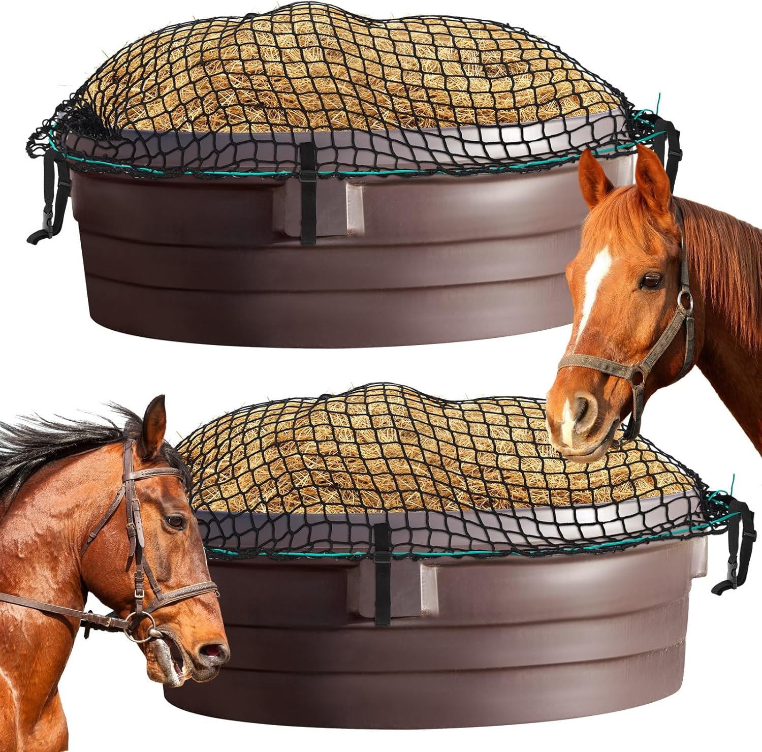 2 Pieces Heavy Duty Stock Tank Slow Feed Hay Net 74 x 45” 1-4/7” Holes Hay Feeder with Buckle Adjustable Large Hays Bags for Horses Goats (Stock Tank Not Included)