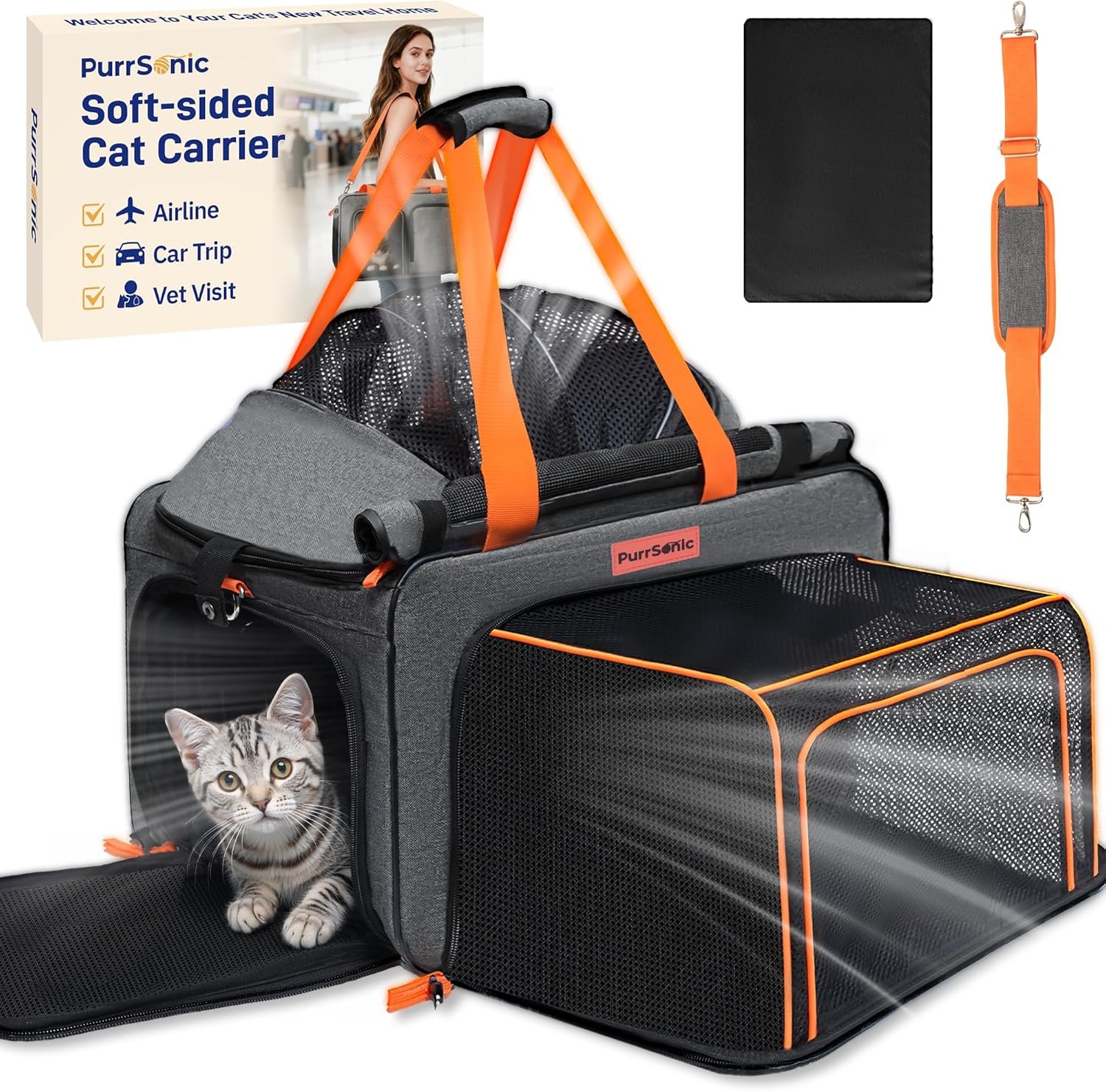 Cat Carrier Soft Sided Airline Approved for Small Pet Dog Travel, Collapsible Top Loading Bag for Medium Animal Kitten Puppy Long Car Trip, Expandable Fabric Sturdibag for Kitty Under 20 lb
