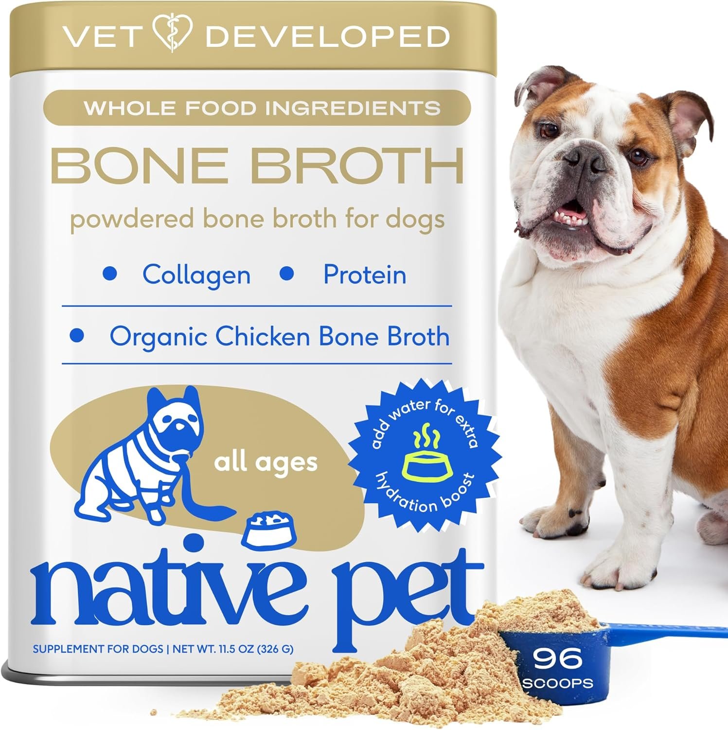 Native Pet Bone Broth for Dogs and Cats – Chicken Bone Broth Powder Dog Food Toppers for Picky Eaters – Provides Extra Nutrition for Joint Strength, Immune Support & Heart Health – 96 Scoops