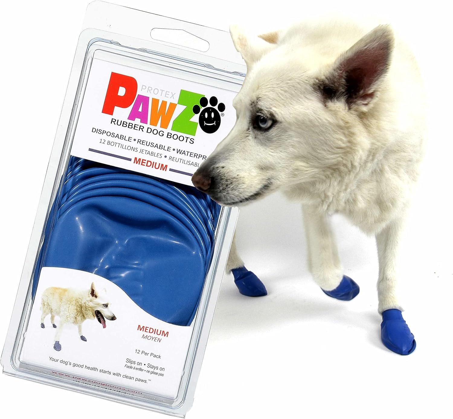 PawZ Rubber Dog Boots for Medium Paws – All-Weather Waterproof Dog Shoes, Anti-Slip Traction for Rain, Snow, Mud & Hot Pavement – Pull-On Dog Booties, Blue – Medium (2.5″ – 3″) – Pack of 12