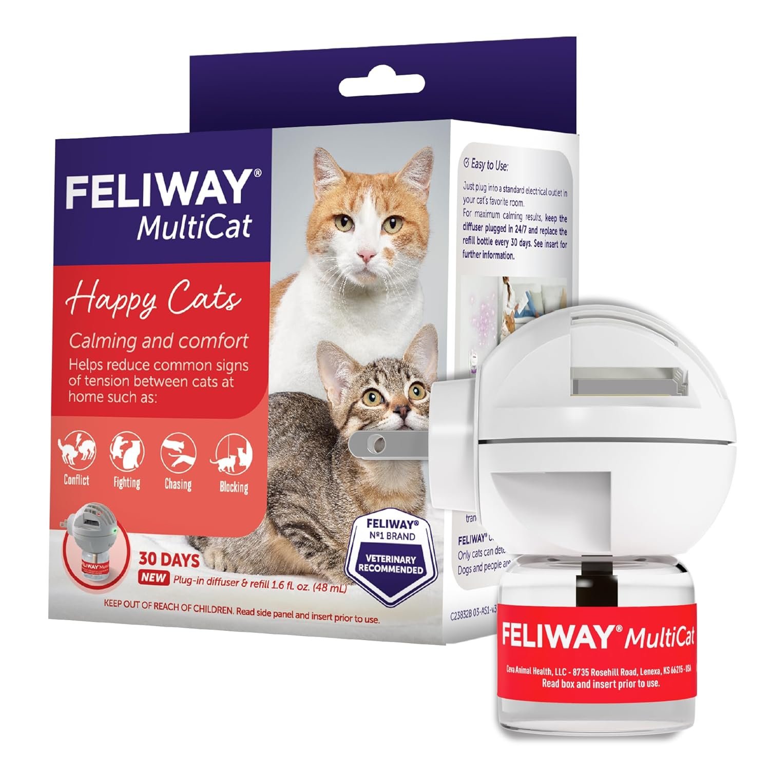 FELIWAY MultiCat 30 Day Cat Calming Plug In Pheromone Diffuser Starter Kit, 48ml – Helps Reduce Conflicts and Signs of Tension in Multi-Cat Households