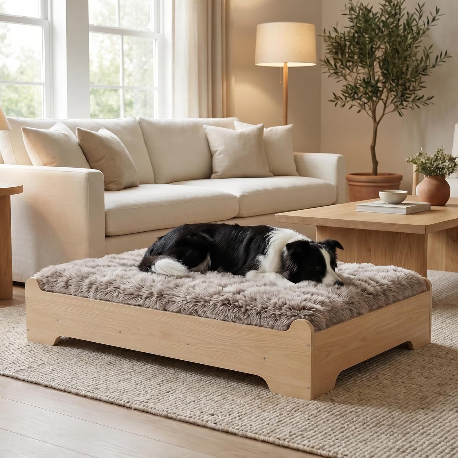 Elevated Wooden Dog Bed with Supportive Cushion & Washable Cover, Sturdy Noise-Free Frame, Modern Furniture-Style Design for Indoor Living Spaces, L Size for Medium to Large Dogs, Natural Wood Finish