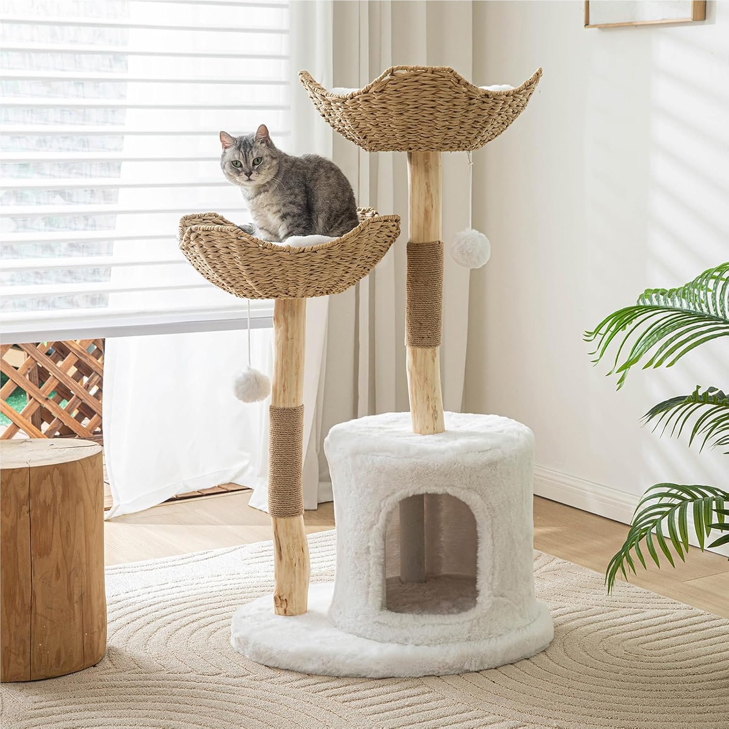 Modern Cat Tree for Indoor Cats Large Adult, 46.5″ Tall Wooden Cat Tower for Large Cats with Scratching Post, Luxury Cat Condo, White