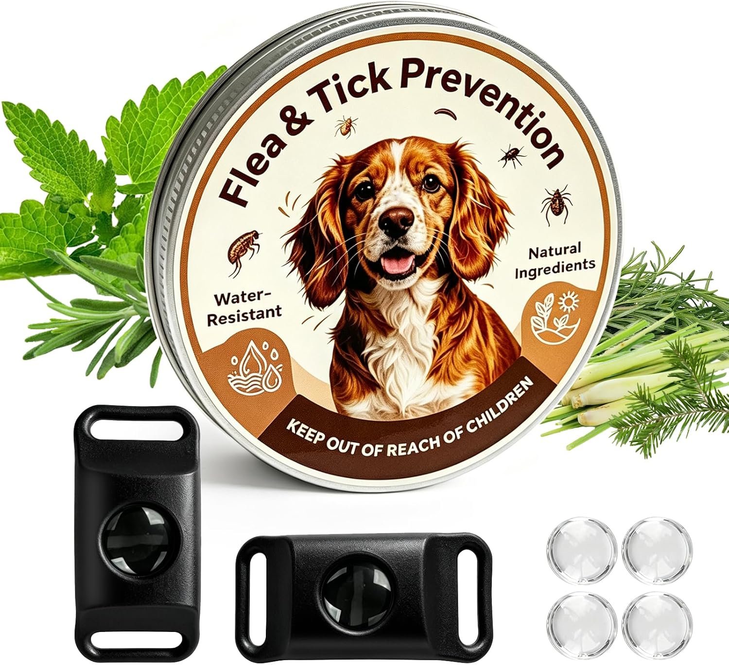 Natural Flea and Tick Prevention Pendant for Dogs Flea and Tick Collar, Waterproof Flea and Tick Repellent Dog Tag Safe for All Breeds & Sizes with 2 Silicone Buckles & 4 Refills, COLLAR NOT INCLUDED