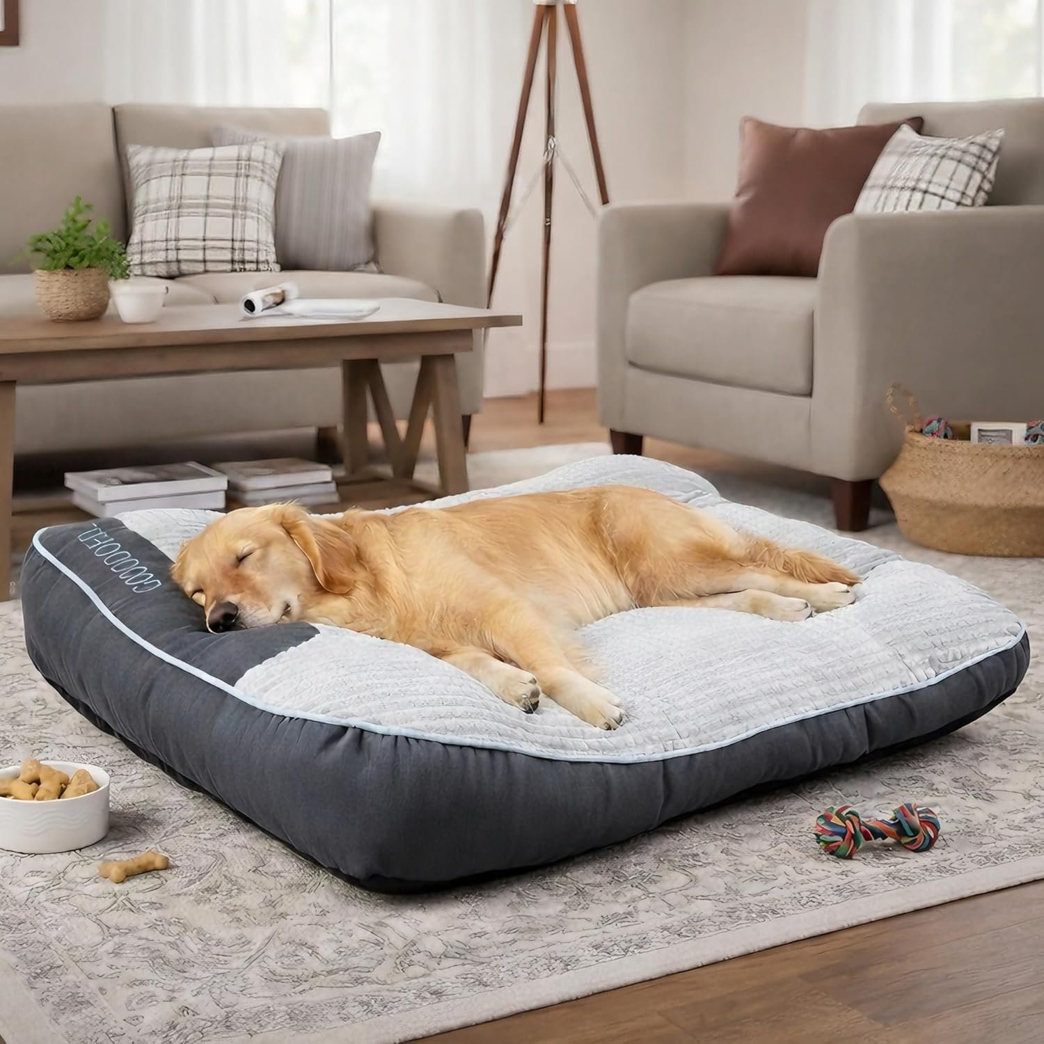 Orthopedic XL Dog Bed for Large Dogs Up to 110lbs, Soft Fluffy Thick Rectangular Sofa with Pillow, Non-Slip Bottom, Grey 47″x37″x8″ – Joint Support for Senior & Arthritic Dogs