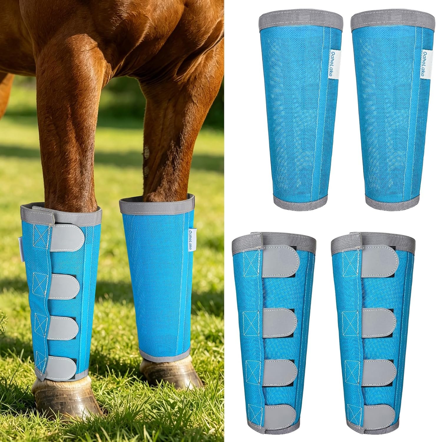 Reflective Horse Fly Boots Set of 4, Loose Fitting Leggings for Horses, Equine Fly Leg Wraps Socks for 4 Legs, Breathable Adjustable and Universal Fit, Reliable Stay Put and on (Sky Blue)