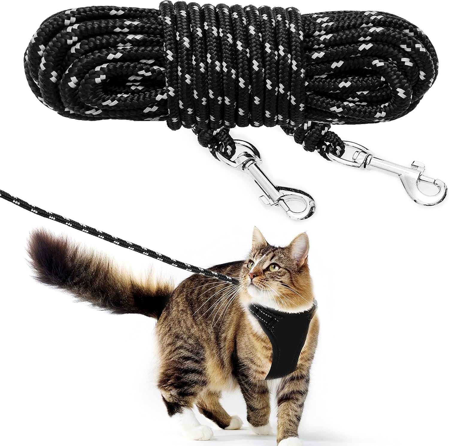 Cat Leash – 15 ft / 30 ft Reflective Long Cat Leash Outdoor for Walking Training Playing – Escape Proof Yard Lead Pet Leash Also for Cats, Small Dogs, Puppy, Kitten, Rabbit
